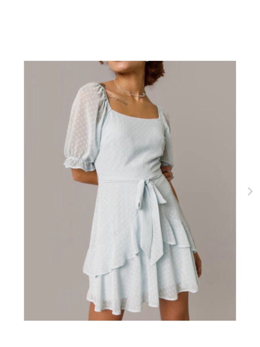 Francesca's Collections Light Blue Swiss Dot Puff Sleeve Tie-Waist Mini Dress